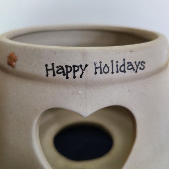 Vintage Large Stoneware Pottery Round Happy Holidays Jar Candle Lampshade Topper - Picture 3 of 13